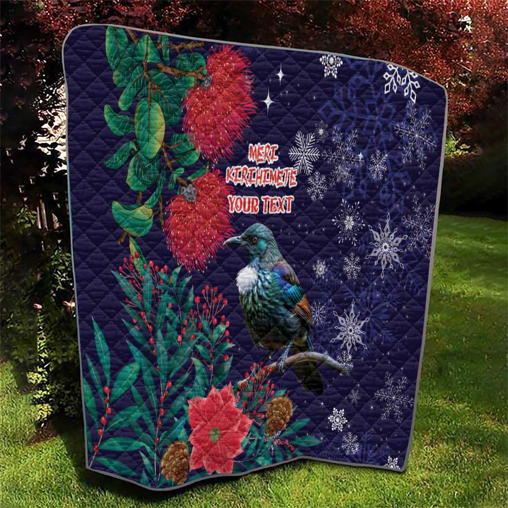 Tui Meri Kirihimete Personalised Quilt Pohutukawa Flowers Blue Motif - Polynesian Pride