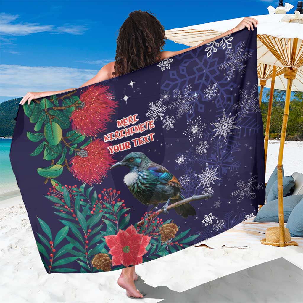 Tui Meri Kirihimete Personalised Sarong Pohutukawa Flowers Blue Motif - Polynesian Pride