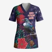 Tui Meri Kirihimete Personalised Scrub Top Pohutukawa Flowers Blue Motif LT9 Adult Blue - Polynesian Pride