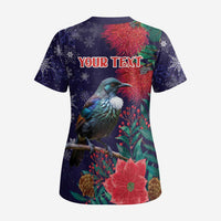 Tui Meri Kirihimete Personalised Scrub Top Pohutukawa Flowers Blue Motif LT9 - Polynesian Pride