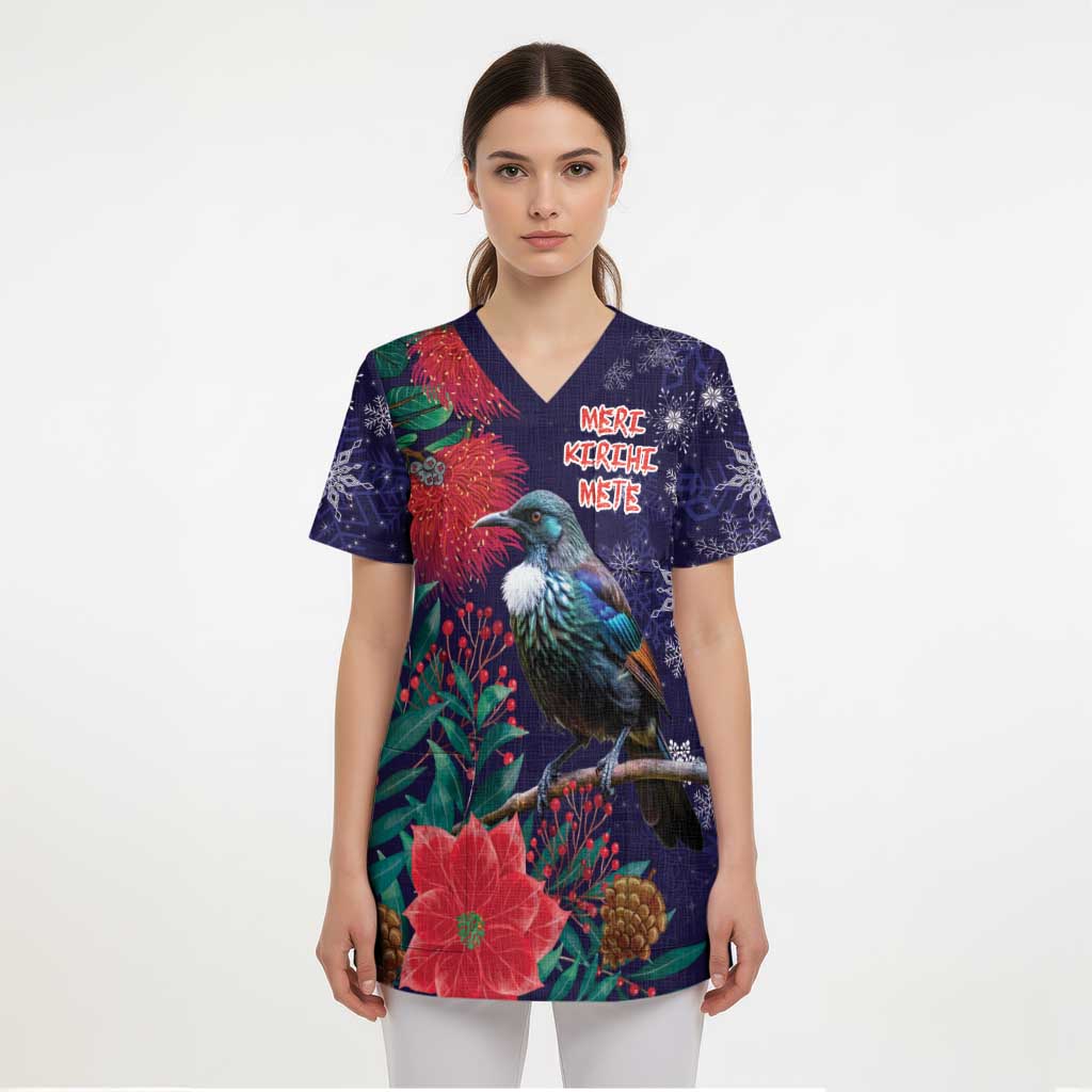 Tui Meri Kirihimete Personalised Scrub Top Pohutukawa Flowers Blue Motif LT9 - Polynesian Pride