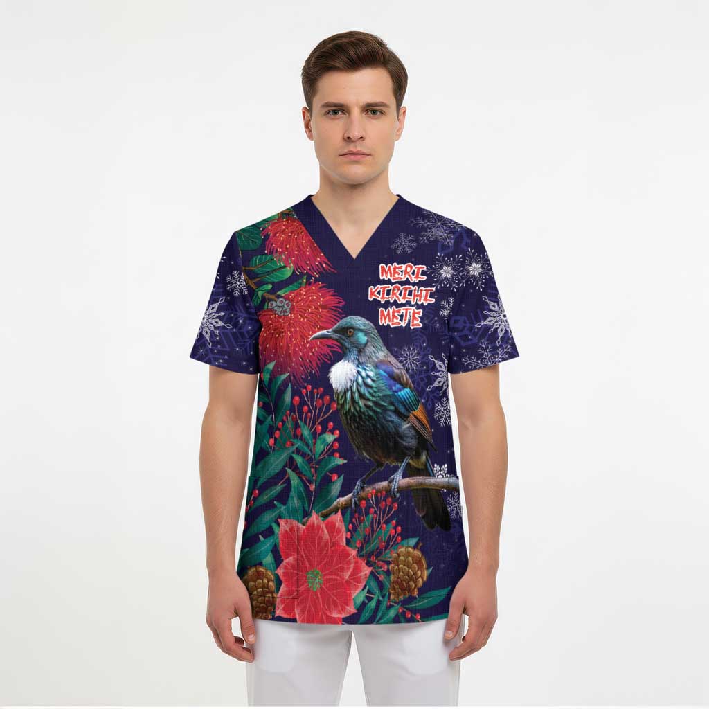 Tui Meri Kirihimete Personalised Scrub Top Pohutukawa Flowers Blue Motif LT9 - Polynesian Pride