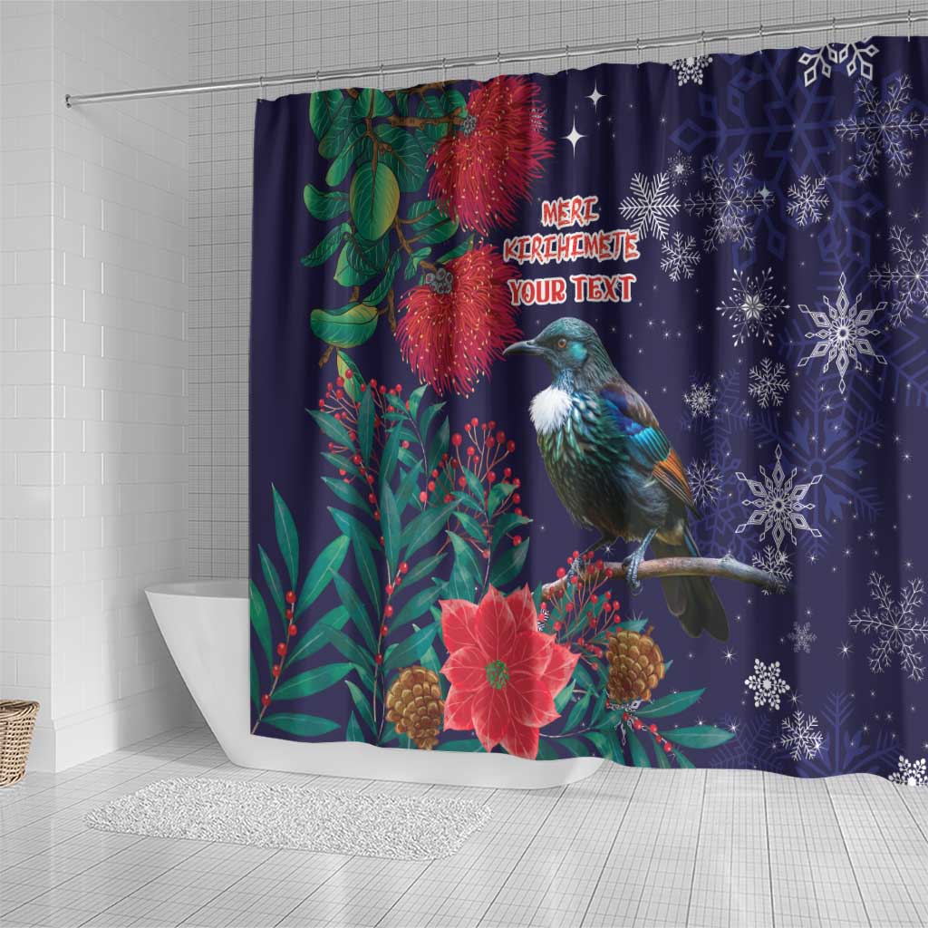 Tui Meri Kirihimete Personalised Shower Curtain Pohutukawa Flowers Blue Motif - Polynesian Pride