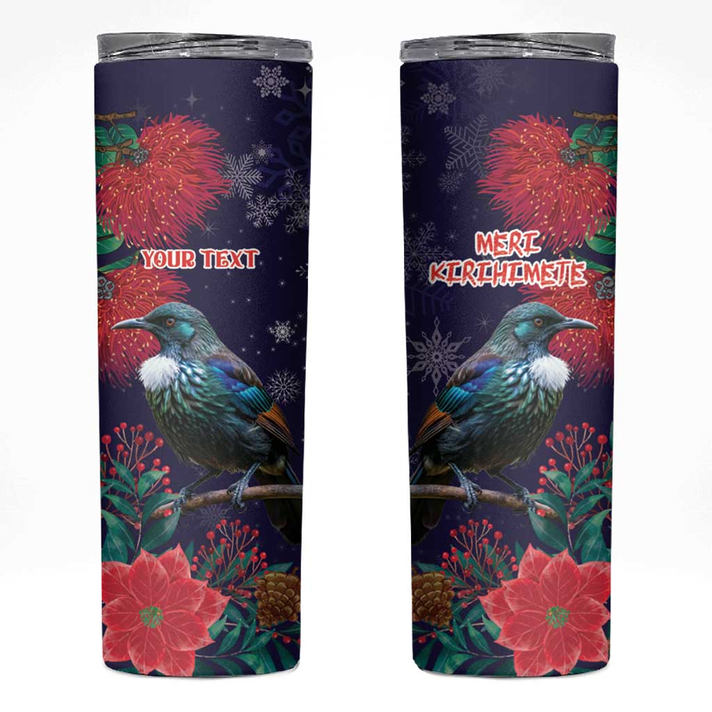 Tui Meri Kirihimete Personalised Skinny Tumbler Pohutukawa Flowers Blue Motif - Polynesian Pride