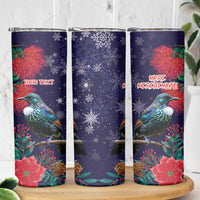 Tui Meri Kirihimete Personalised Skinny Tumbler Pohutukawa Flowers Blue Motif - Polynesian Pride