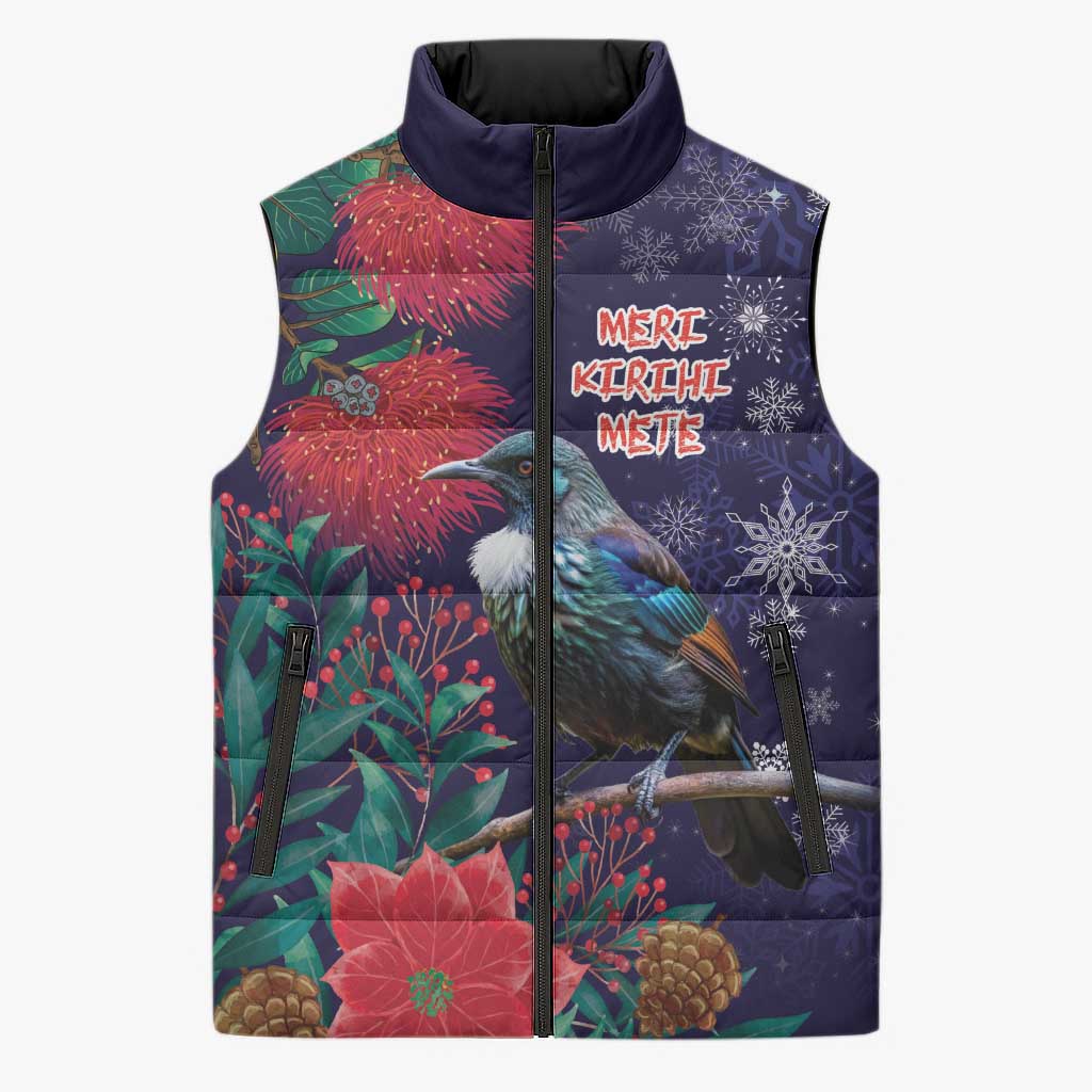 Tui Meri Kirihimete Personalised Sleeveless Puffer Jacket Pohutukawa Flowers Blue Motif LT9 Unisex Blue - Polynesian Pride