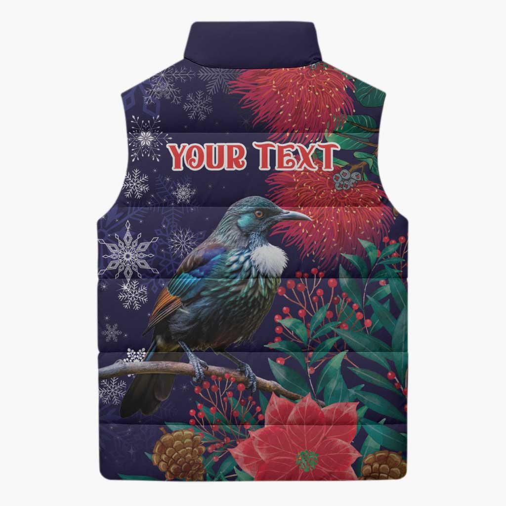 Tui Meri Kirihimete Personalised Sleeveless Puffer Jacket Pohutukawa Flowers Blue Motif LT9 - Polynesian Pride