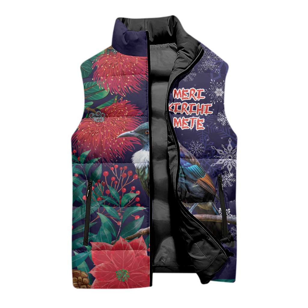 Tui Meri Kirihimete Personalised Sleeveless Puffer Jacket Pohutukawa Flowers Blue Motif LT9 - Polynesian Pride