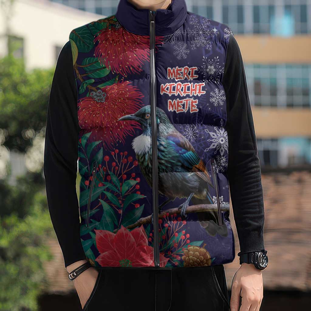 Tui Meri Kirihimete Personalised Sleeveless Puffer Jacket Pohutukawa Flowers Blue Motif LT9 - Polynesian Pride