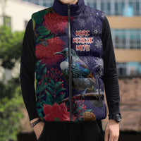 Tui Meri Kirihimete Personalised Sleeveless Puffer Jacket Pohutukawa Flowers Blue Motif LT9 - Polynesian Pride
