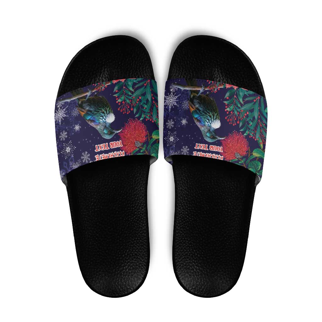 Tui Meri Kirihimete Personalised Slide Sandals Pohutukawa Flowers Blue Motif LT9 Blue - Polynesian Pride