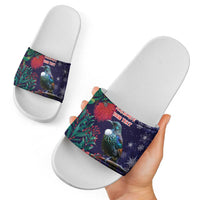 Tui Meri Kirihimete Personalised Slide Sandals Pohutukawa Flowers Blue Motif LT9 - Polynesian Pride