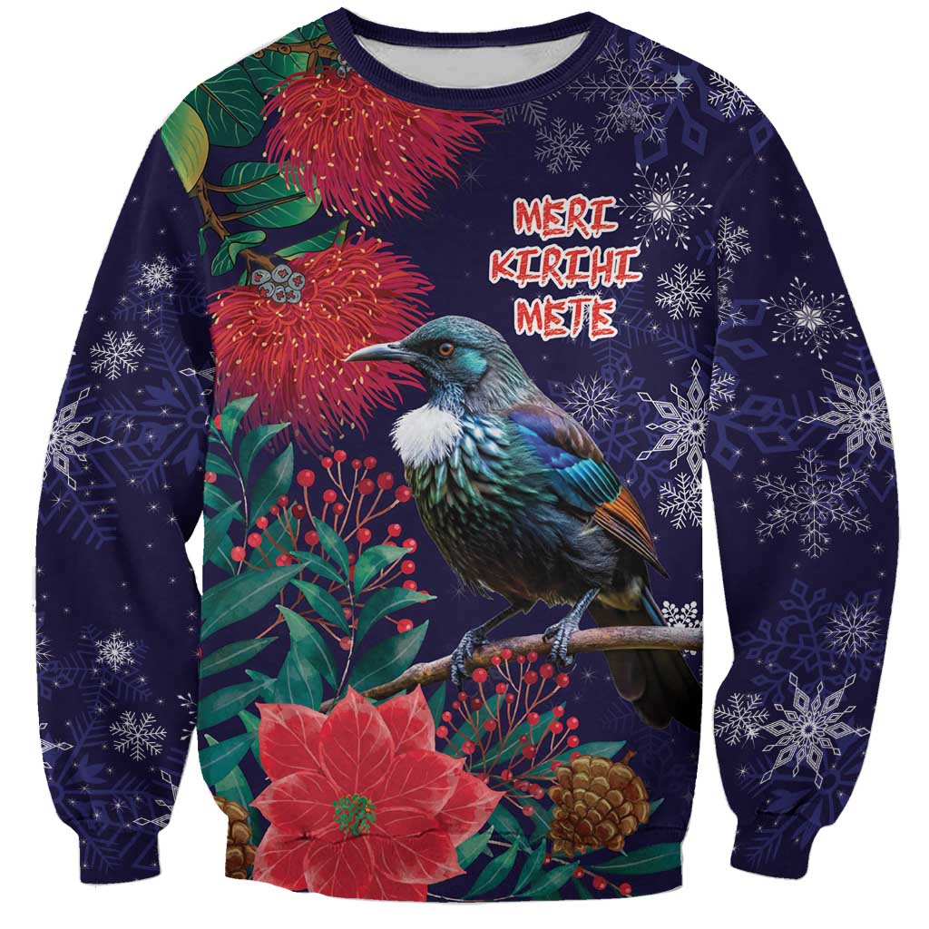 Tui Meri Kirihimete Personalised Sweatshirt Pohutukawa Flowers Blue Motif LT9 Unisex Blue - Polynesian Pride