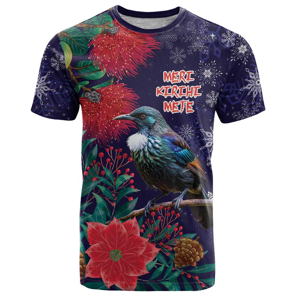 Tui Meri Kirihimete Personalised T Shirt Pohutukawa Flowers Blue Motif - Polynesian Pride