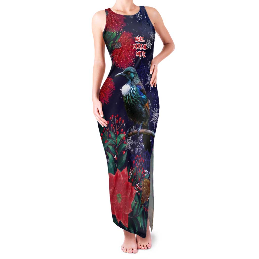 Tui Meri Kirihimete Personalised Tank Maxi Dress Pohutukawa Flowers Blue Motif LT9 Women Blue - Polynesian Pride