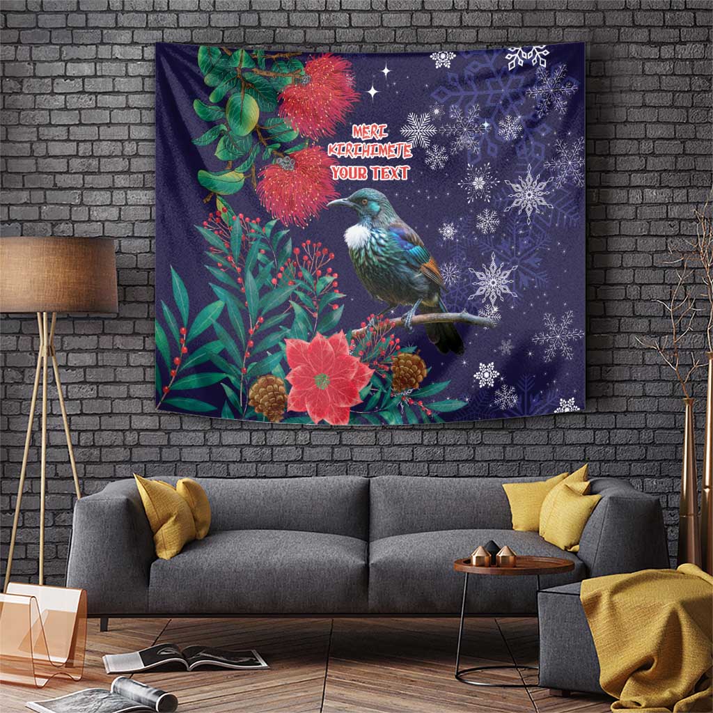 Tui Meri Kirihimete Personalised Tapestry Pohutukawa Flowers Blue Motif - Polynesian Pride