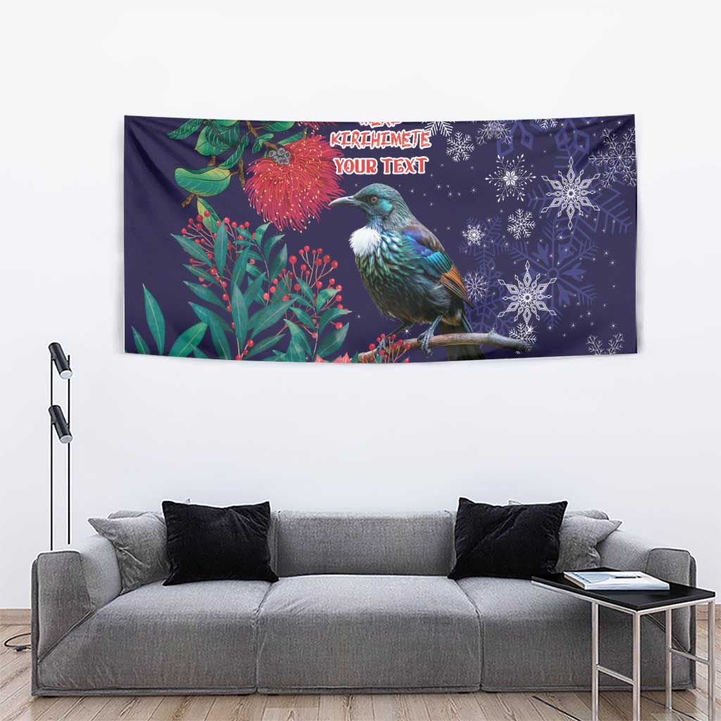 Tui Meri Kirihimete Personalised Tapestry Pohutukawa Flowers Blue Motif - Polynesian Pride