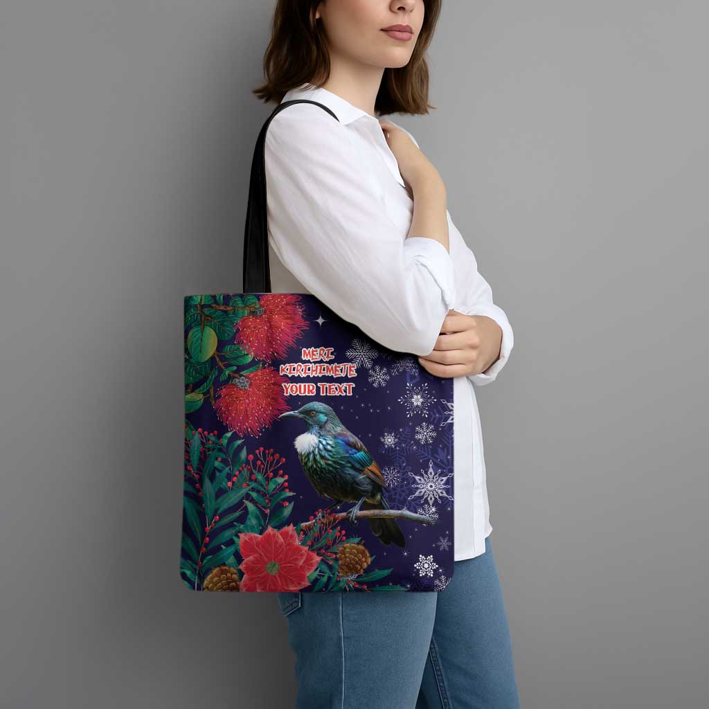 Tui Meri Kirihimete Personalised Tote Bag Pohutukawa Flowers Blue Motif - Polynesian Pride