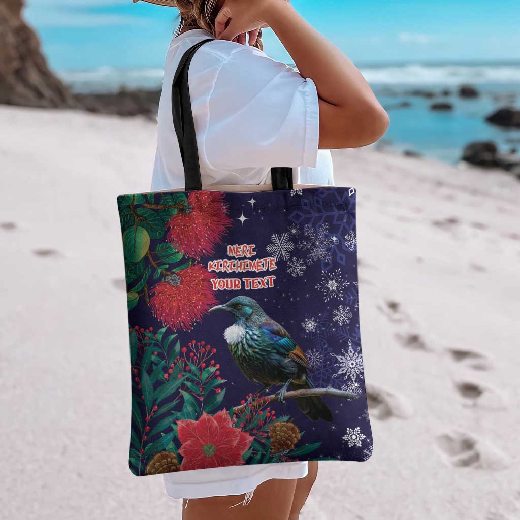 Tui Meri Kirihimete Personalised Tote Bag Pohutukawa Flowers Blue Motif - Polynesian Pride