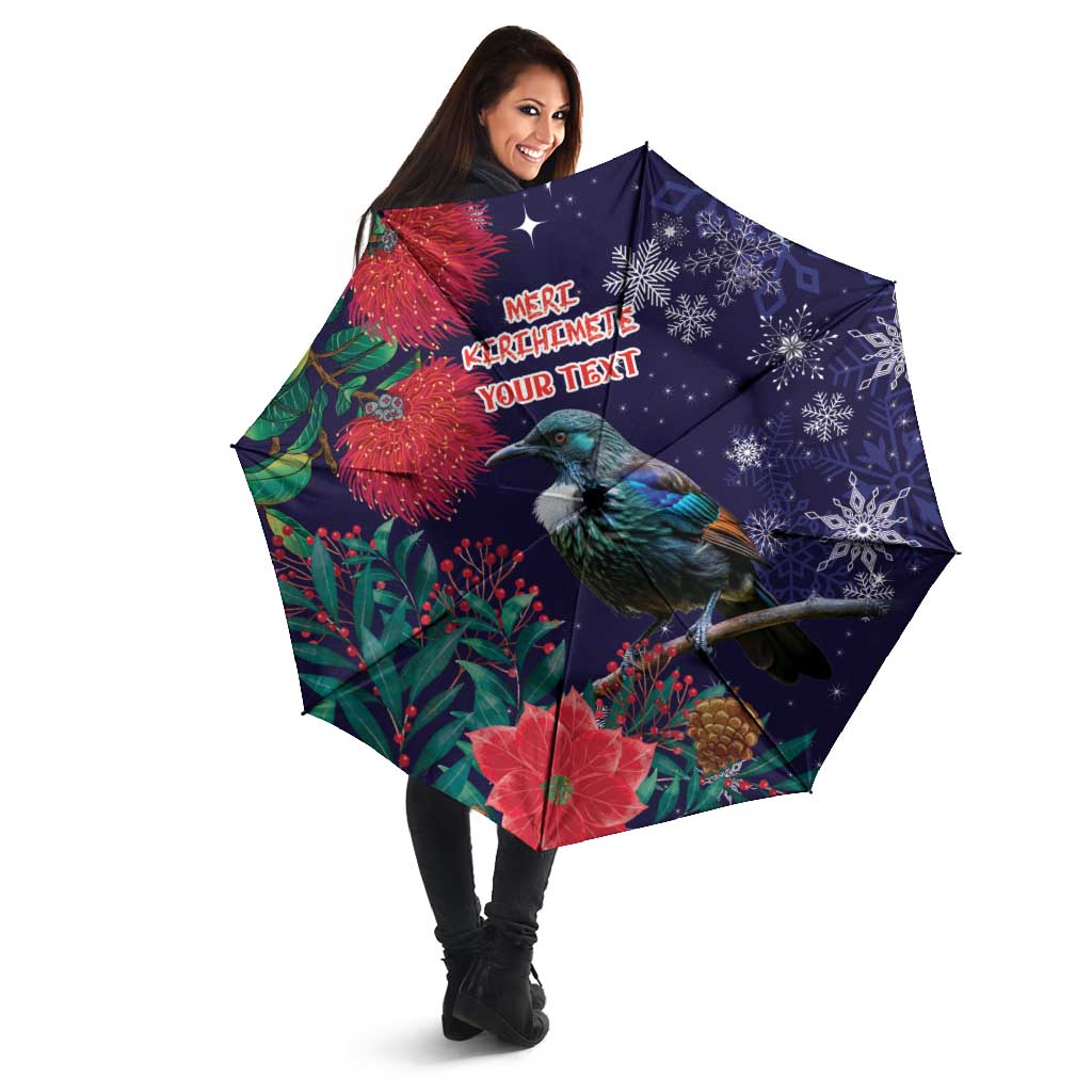 Tui Meri Kirihimete Personalised Umbrella Pohutukawa Flowers Blue Motif - Polynesian Pride