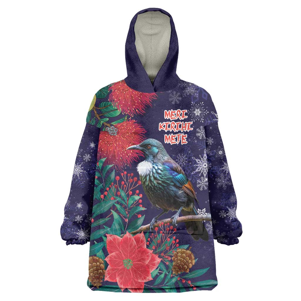 Tui Meri Kirihimete Personalised Wearable Blanket Hoodie Pohutukawa Flowers Blue Motif LT9 One Size Blue - Polynesian Pride