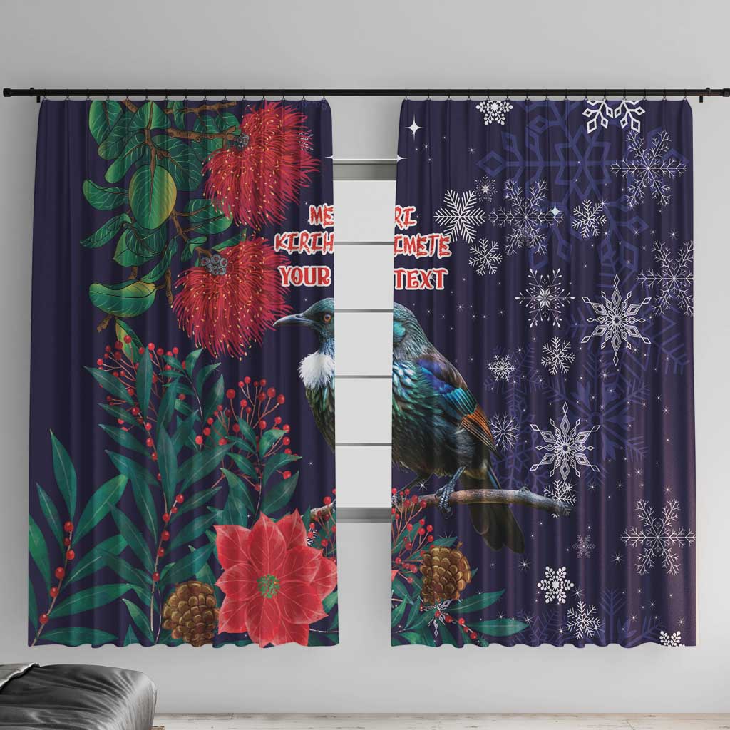 Tui Meri Kirihimete Personalised Window Curtain Pohutukawa Flowers Blue Motif - Polynesian Pride