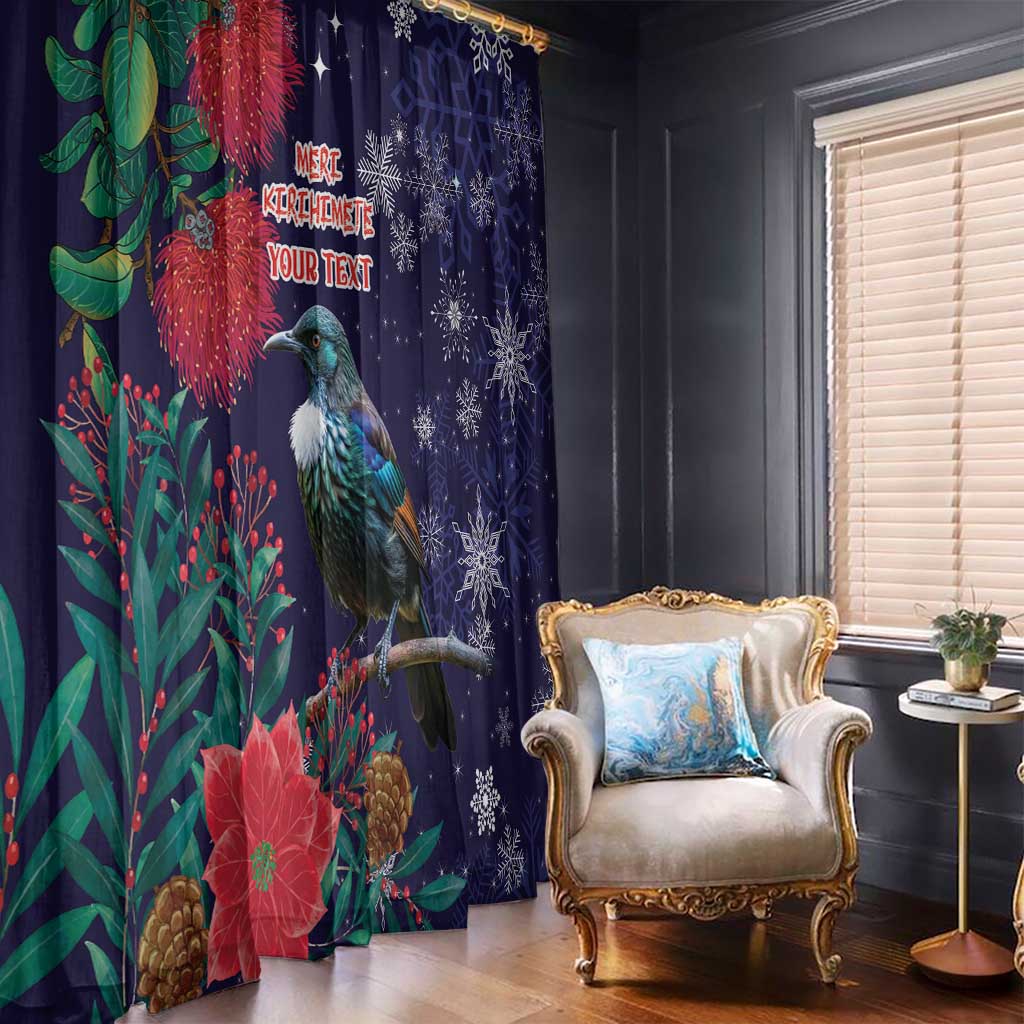 Tui Meri Kirihimete Personalised Window Curtain Pohutukawa Flowers Blue Motif - Polynesian Pride