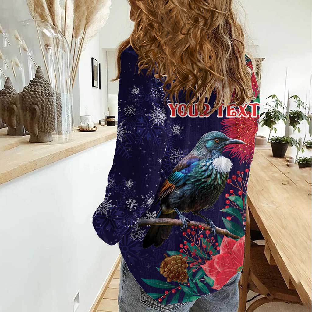 Tui Meri Kirihimete Personalised Women Casual Shirt Pohutukawa Flowers Blue Motif - Polynesian Pride