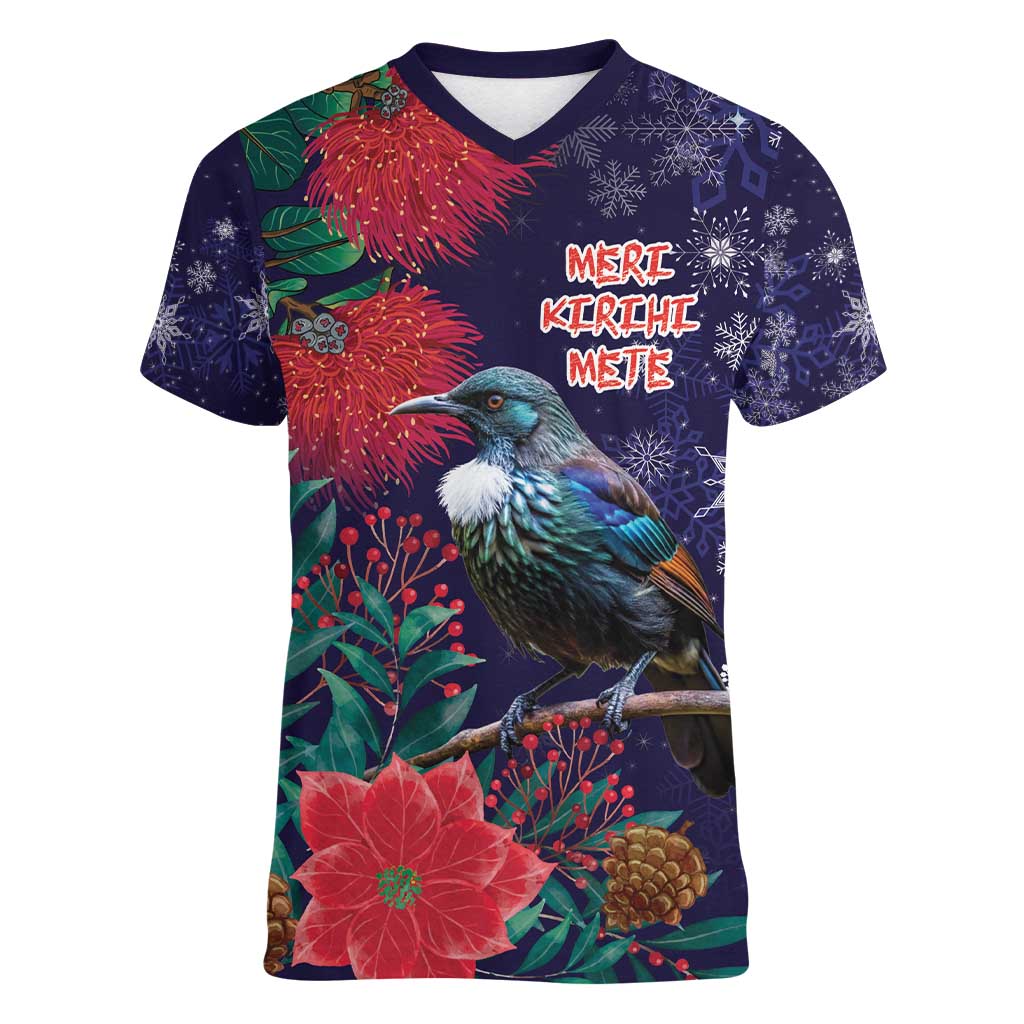 Tui Meri Kirihimete Personalised Women V-Neck T-Shirt Pohutukawa Flowers Blue Motif - Polynesian Pride