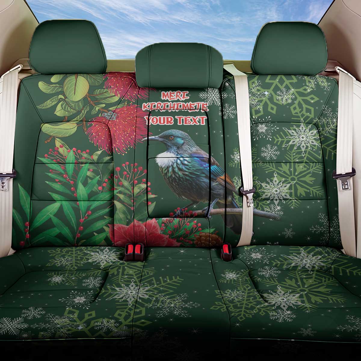 Tui Meri Kirihimete Personalised Back Car Seat Cover Pohutukawa Flowers Green Motif - Polynesian Pride