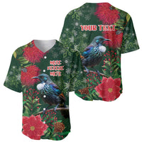 Tui Meri Kirihimete Personalised Baseball Jersey Pohutukawa Flowers Green Motif - Polynesian Pride