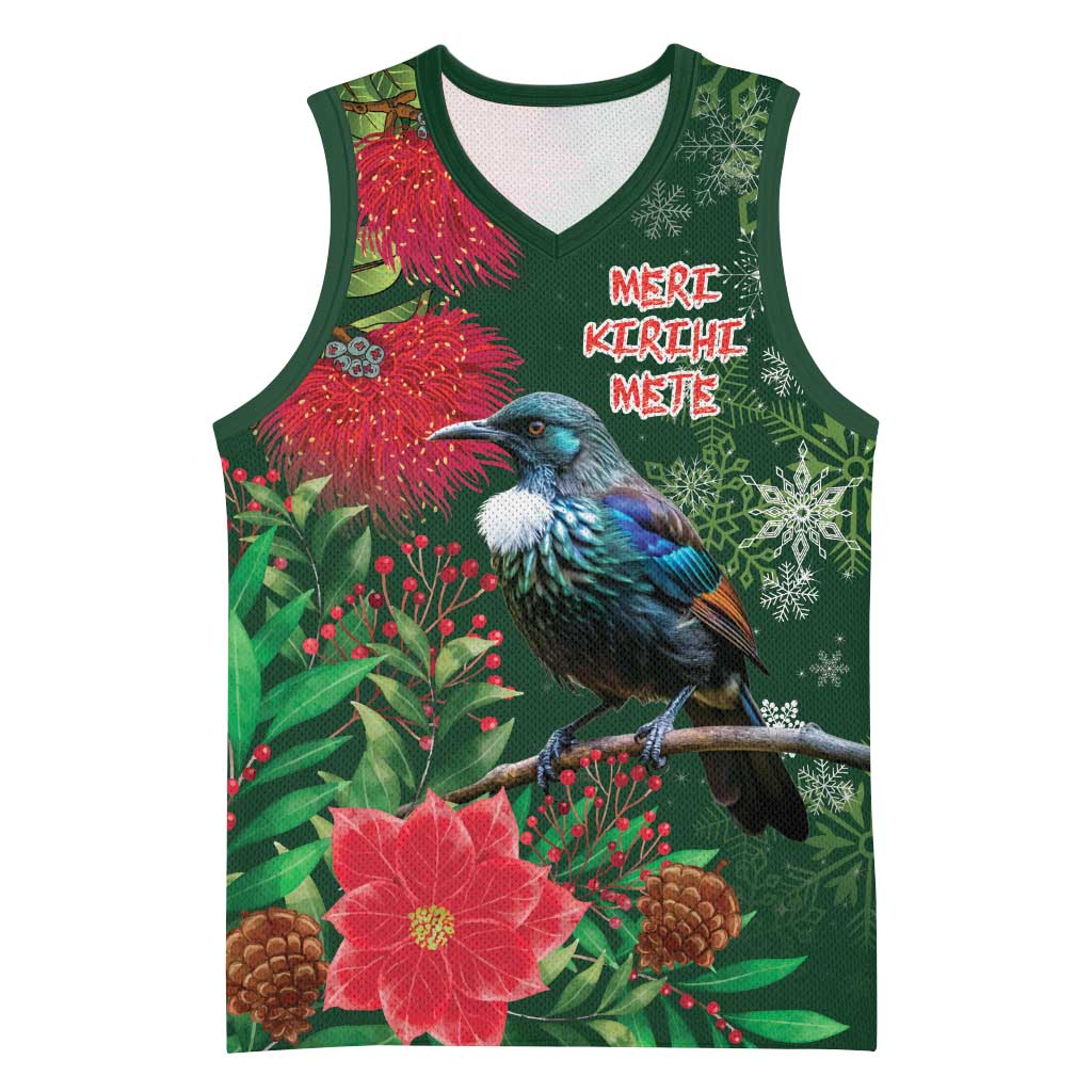 Tui Meri Kirihimete Personalised Basketball Jersey Pohutukawa Flowers Green Motif LT9 Unisex Green - Polynesian Pride