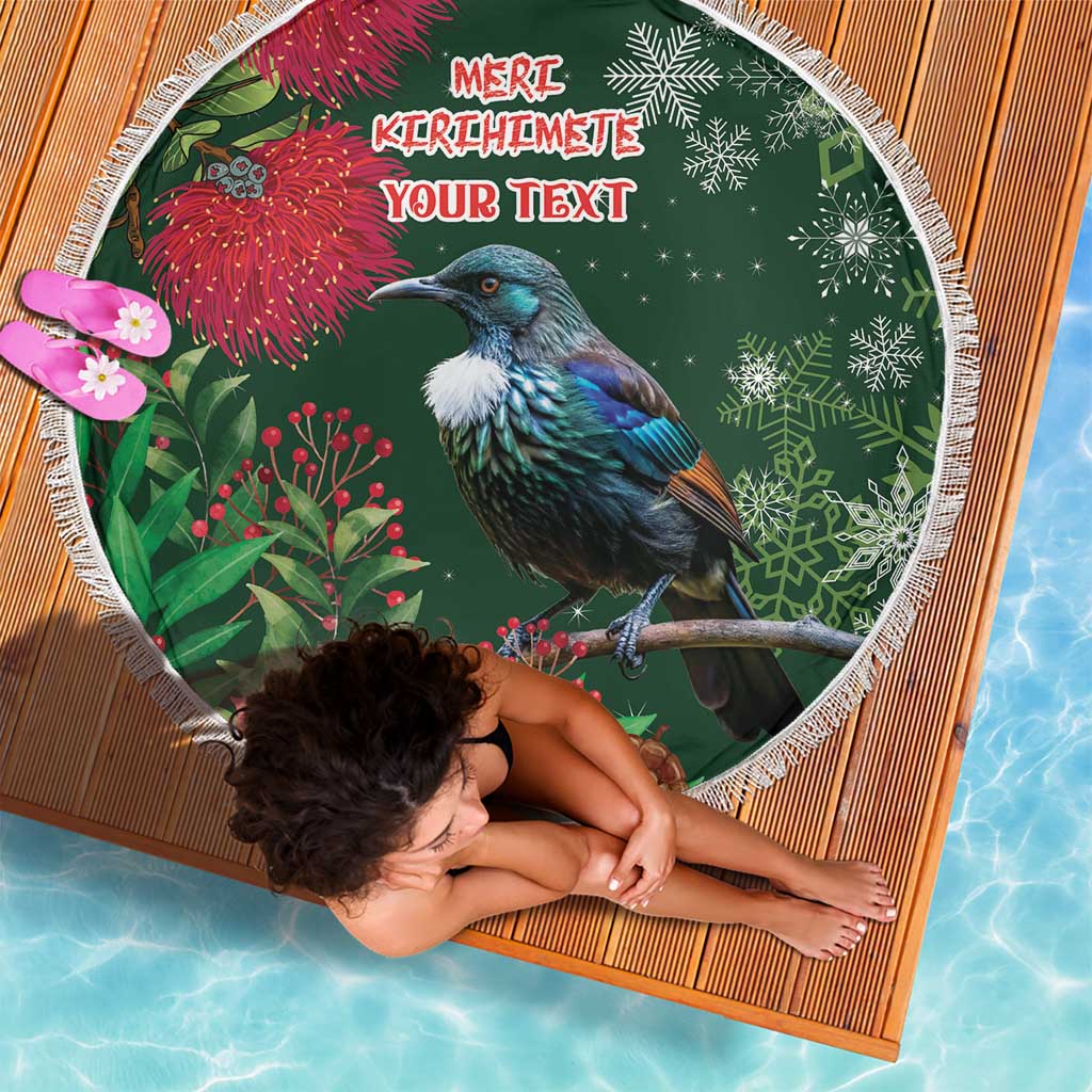 Tui Meri Kirihimete Personalised Beach Blanket Pohutukawa Flowers Green Motif LT9 - Polynesian Pride