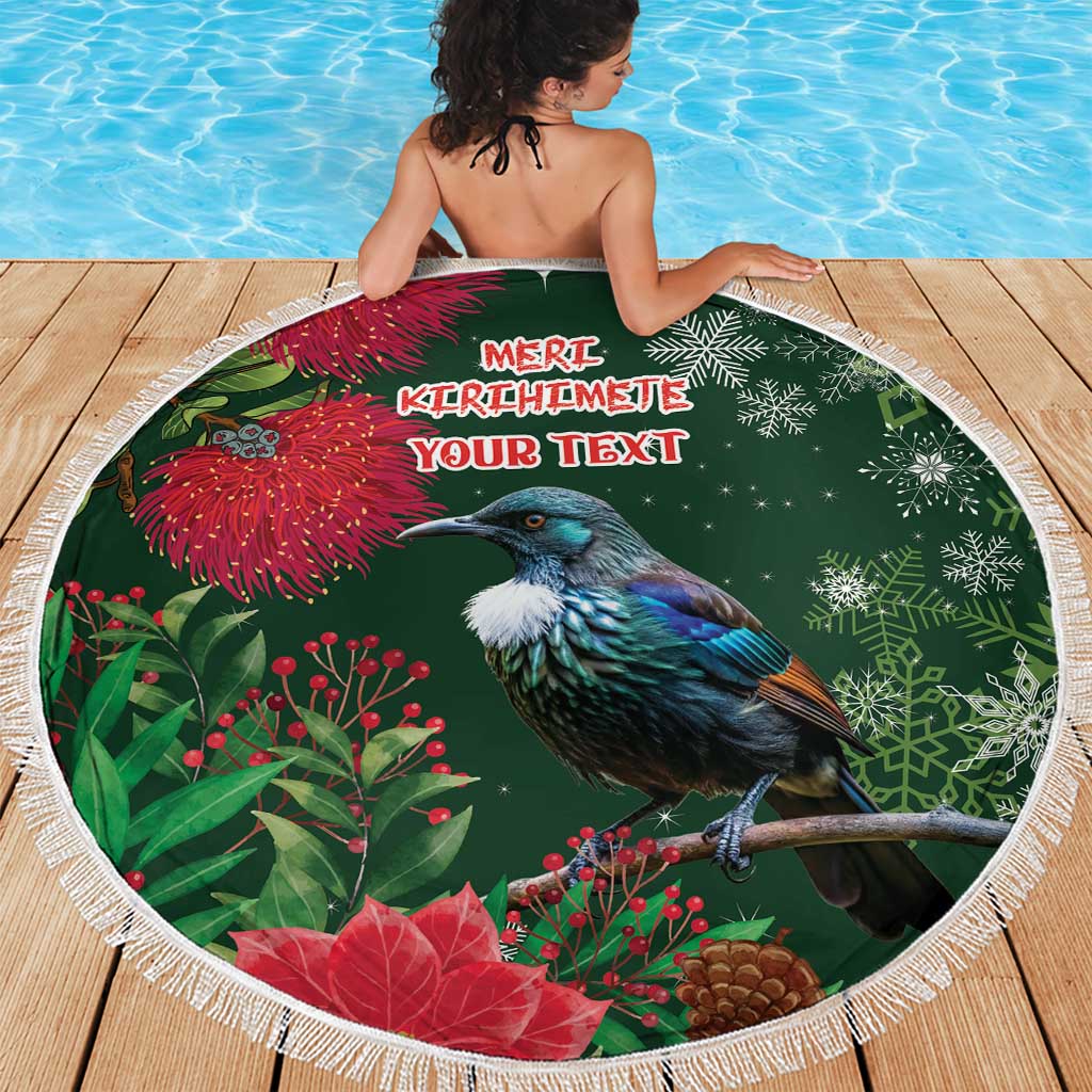Tui Meri Kirihimete Personalised Beach Blanket Pohutukawa Flowers Green Motif LT9 - Polynesian Pride