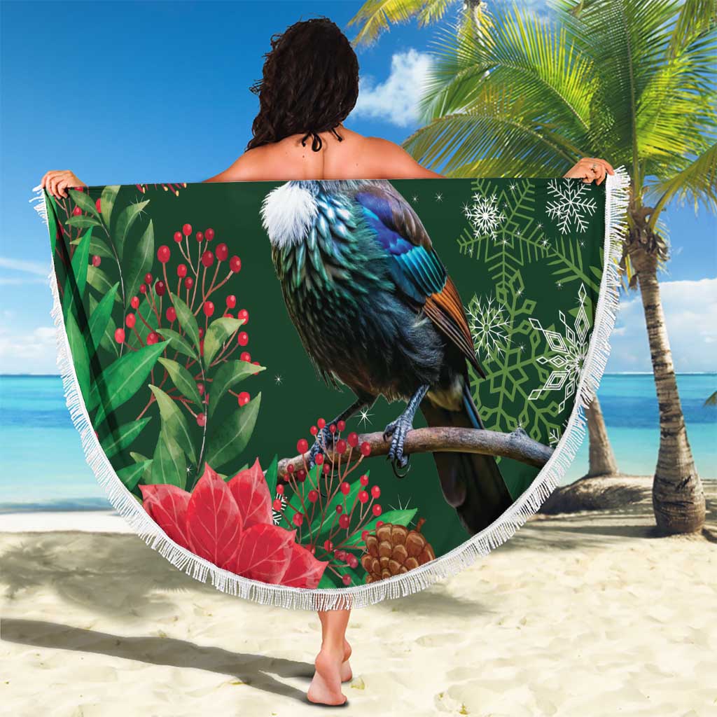 Tui Meri Kirihimete Personalised Beach Blanket Pohutukawa Flowers Green Motif LT9 - Polynesian Pride
