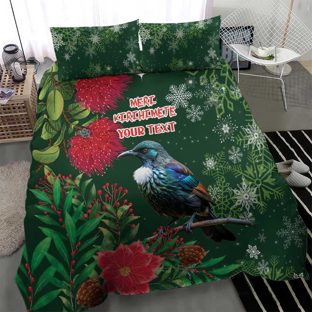Tui Meri Kirihimete Personalised Bedding Set Pohutukawa Flowers Green Motif - Polynesian Pride