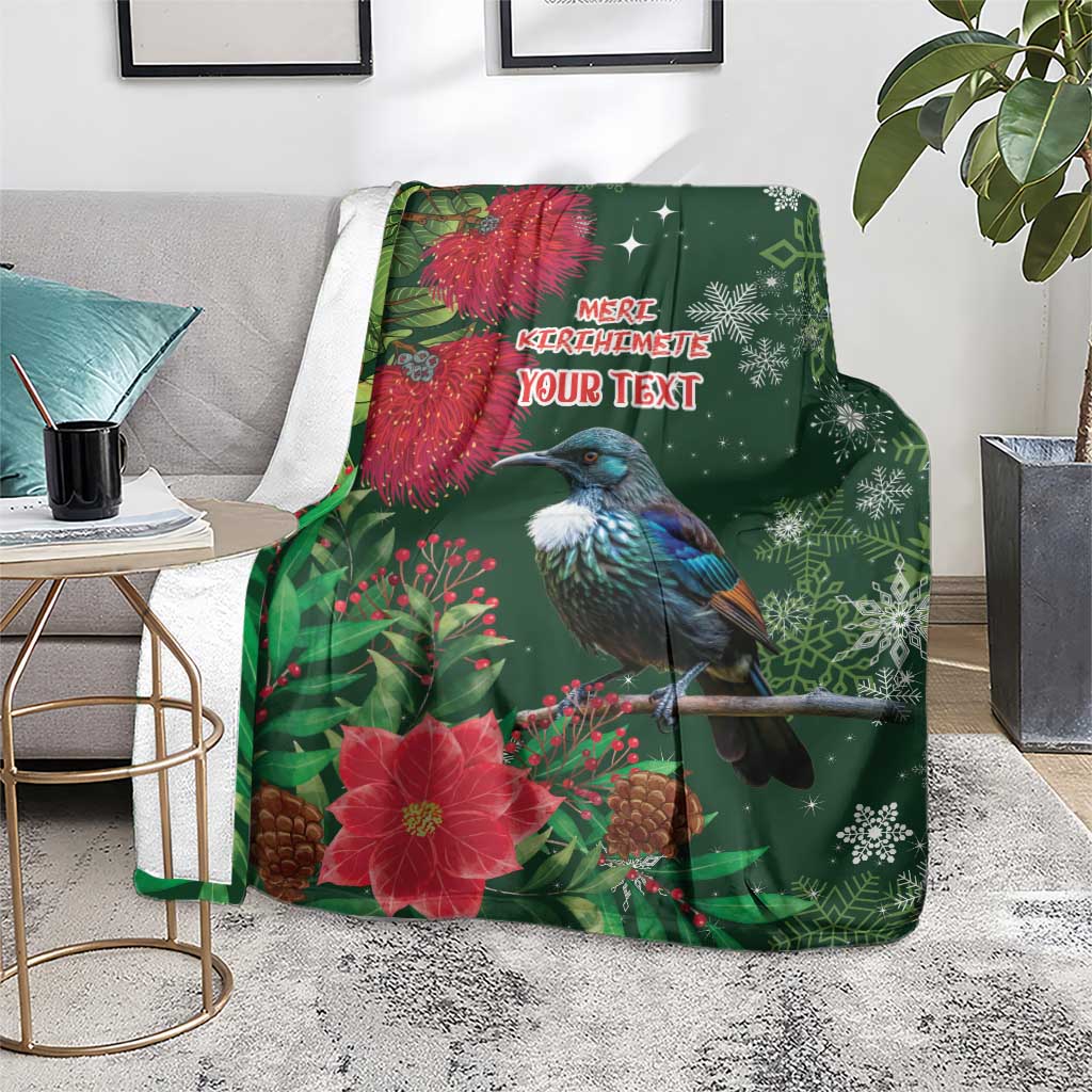 Tui Meri Kirihimete Personalised Blanket Pohutukawa Flowers Green Motif - Polynesian Pride