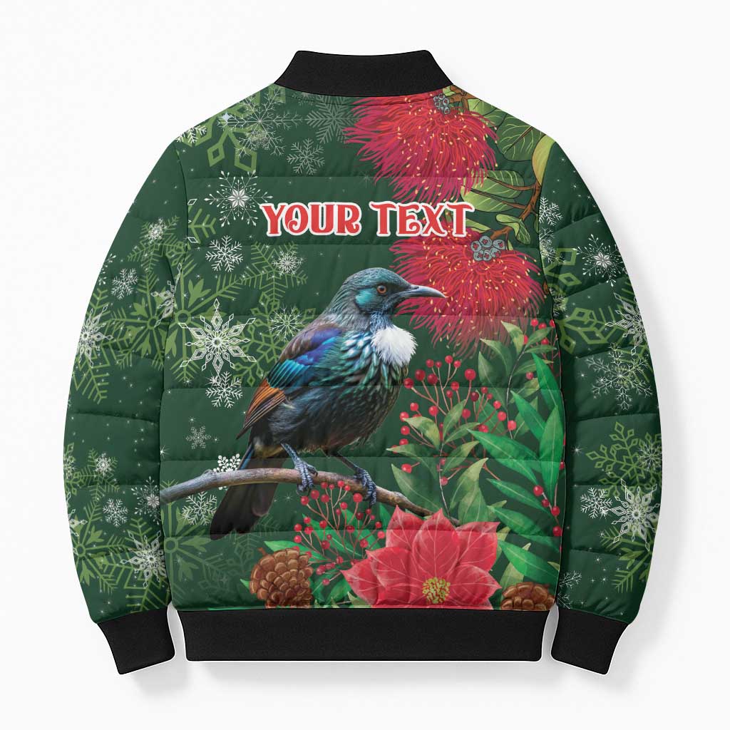 Tui Meri Kirihimete Personalised Bomber Puffer Jacket Pohutukawa Flowers Green Motif LT9 - Polynesian Pride