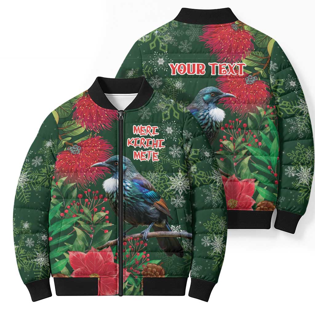Tui Meri Kirihimete Personalised Bomber Puffer Jacket Pohutukawa Flowers Green Motif LT9 - Polynesian Pride