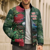 Tui Meri Kirihimete Personalised Bomber Puffer Jacket Pohutukawa Flowers Green Motif LT9 - Polynesian Pride