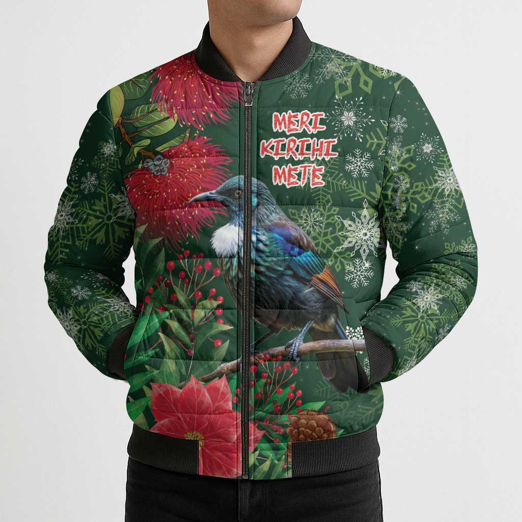 Tui Meri Kirihimete Personalised Bomber Puffer Jacket Pohutukawa Flowers Green Motif LT9 - Polynesian Pride