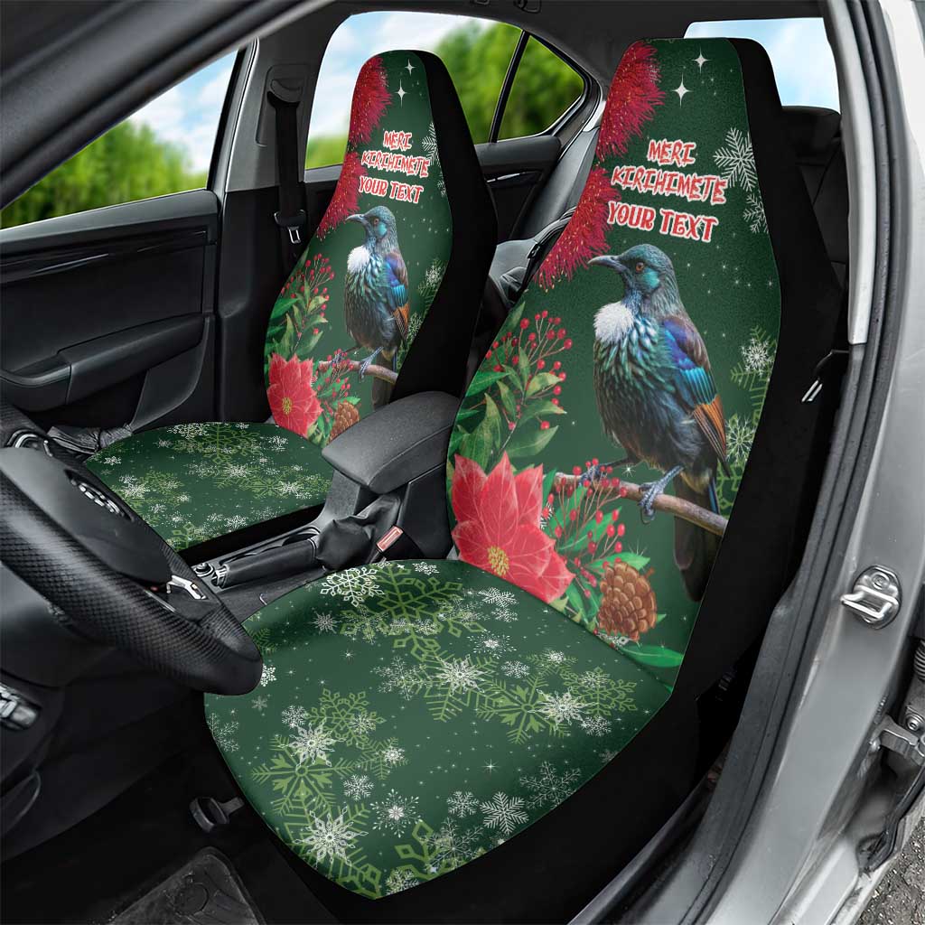Tui Meri Kirihimete Personalised Car Seat Cover Pohutukawa Flowers Green Motif - Polynesian Pride