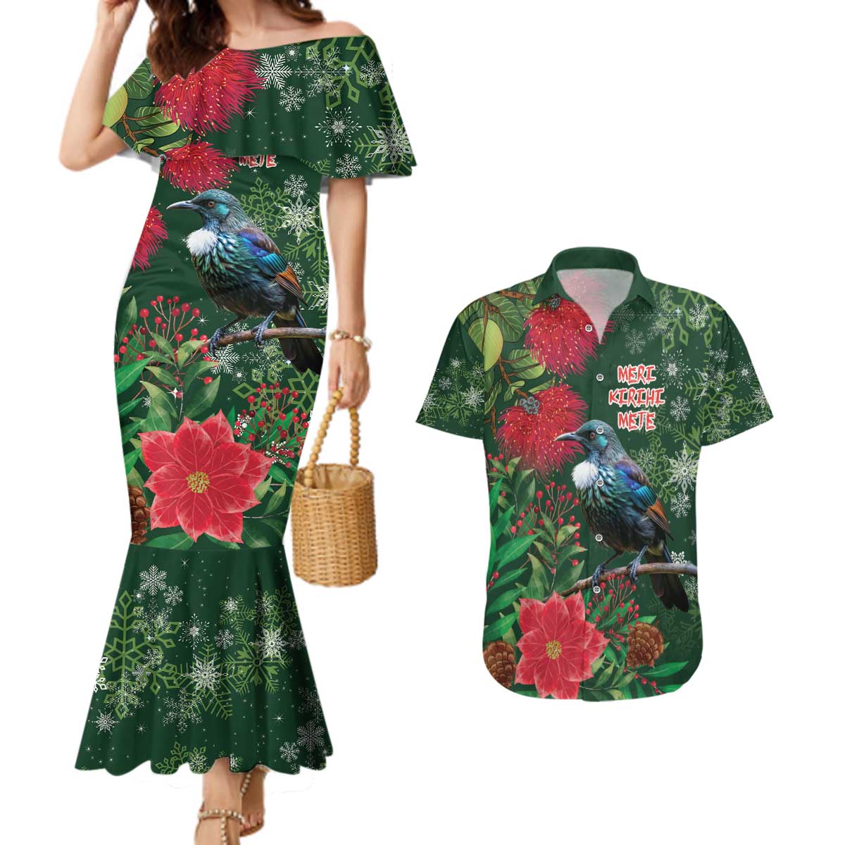 Tui Meri Kirihimete Personalised Couples Matching Mermaid Dress and Hawaiian Shirt Pohutukawa Flowers Green Motif - Polynesian Pride