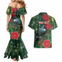 Tui Meri Kirihimete Personalised Couples Matching Mermaid Dress and Hawaiian Shirt Pohutukawa Flowers Green Motif - Polynesian Pride