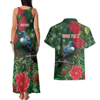 Tui Meri Kirihimete Personalised Couples Matching Tank Maxi Dress and Hawaiian Shirt Pohutukawa Flowers Green Motif - Polynesian Pride