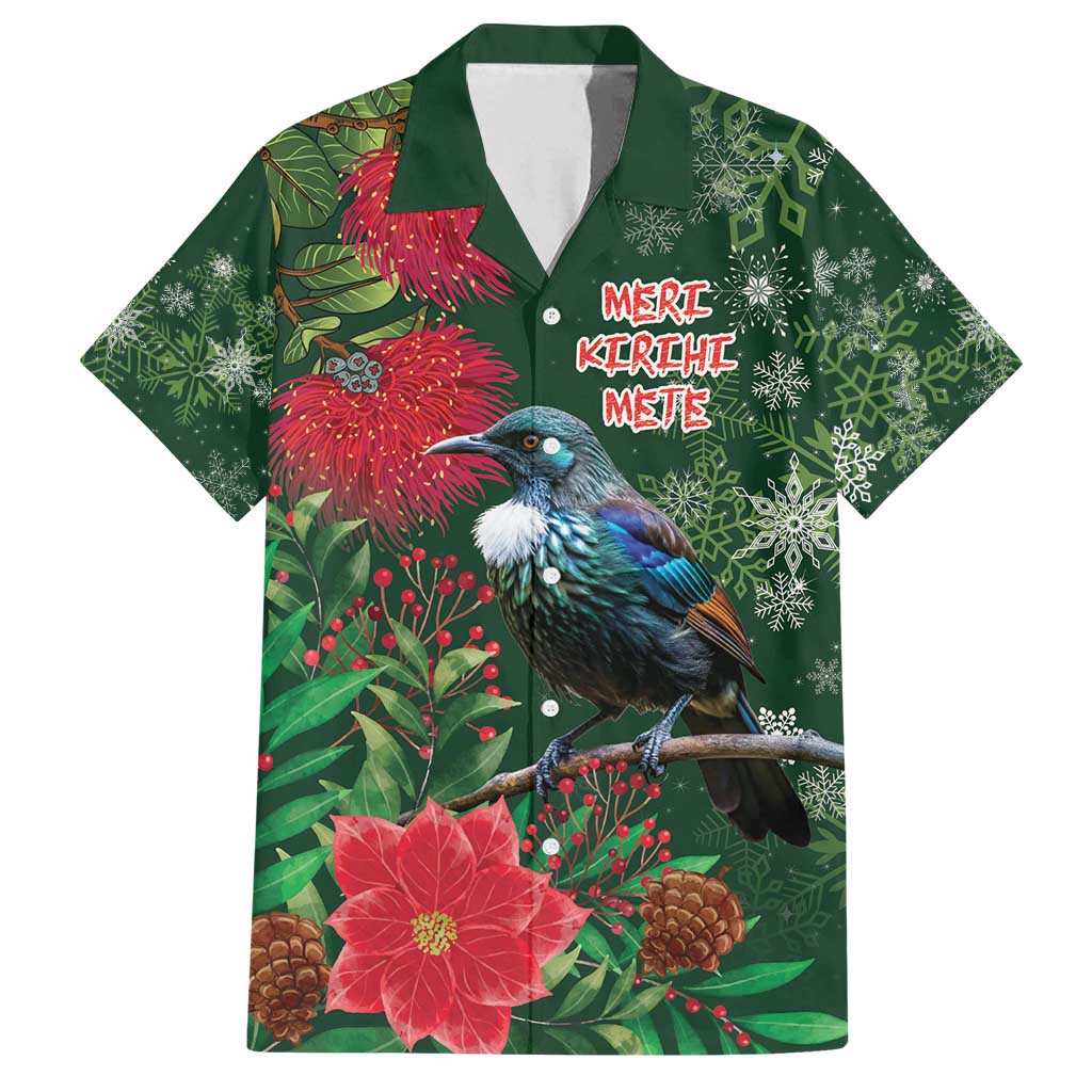 Tui Meri Kirihimete Personalised Family Matching Long Sleeve Bodycon Dress and Hawaiian Shirt Pohutukawa Flowers Green Motif - Polynesian Pride