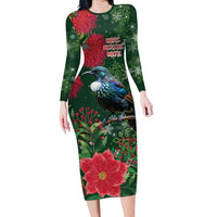 Tui Meri Kirihimete Personalised Family Matching Long Sleeve Bodycon Dress and Hawaiian Shirt Pohutukawa Flowers Green Motif - Polynesian Pride