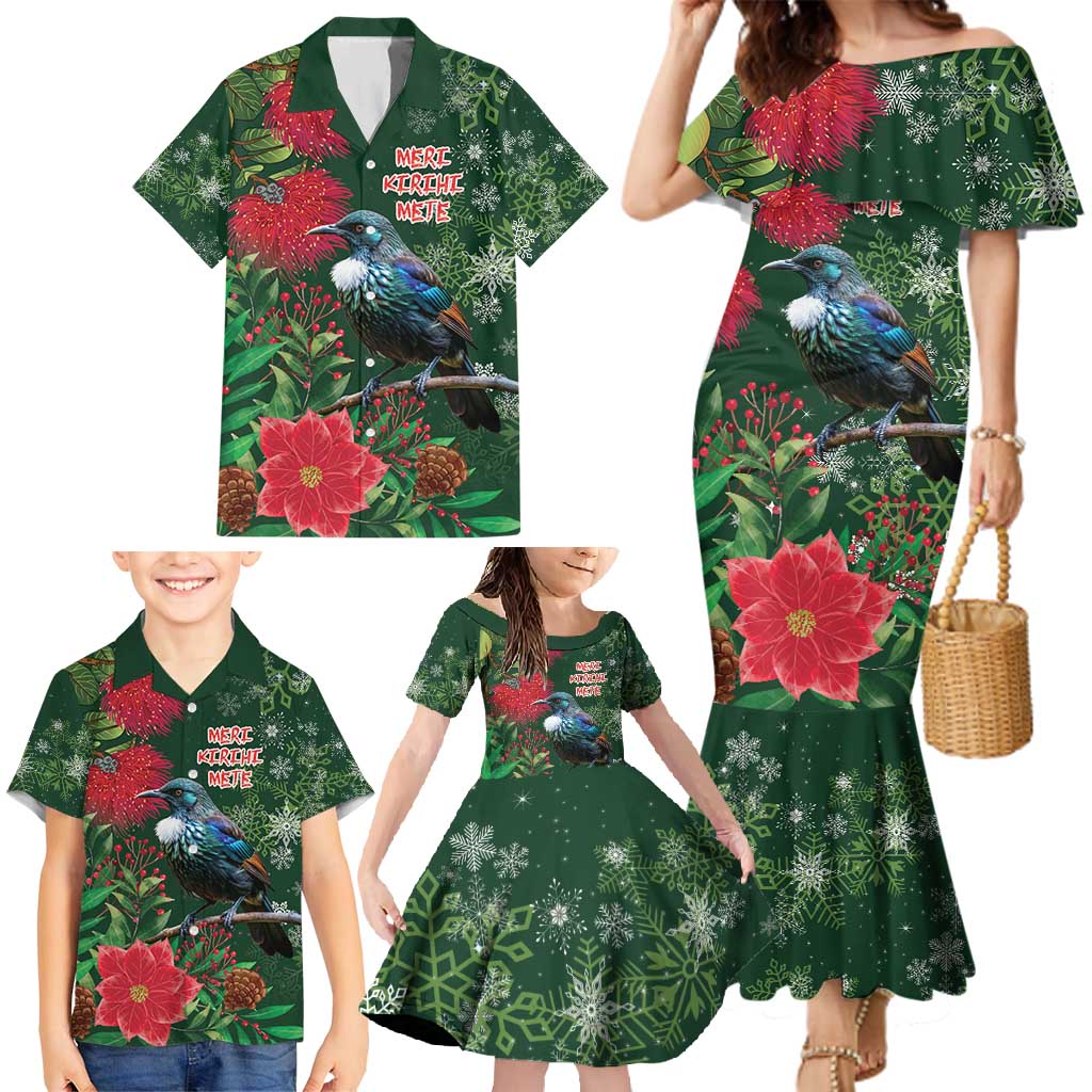 Tui Meri Kirihimete Personalised Family Matching Mermaid Dress and Hawaiian Shirt Pohutukawa Flowers Green Motif - Polynesian Pride
