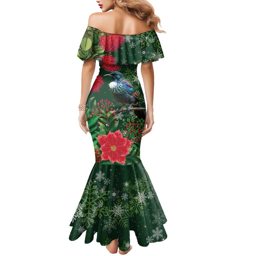 Tui Meri Kirihimete Personalised Family Matching Mermaid Dress and Hawaiian Shirt Pohutukawa Flowers Green Motif - Polynesian Pride