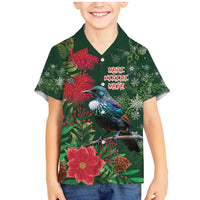 Tui Meri Kirihimete Personalised Family Matching Mermaid Dress and Hawaiian Shirt Pohutukawa Flowers Green Motif - Polynesian Pride